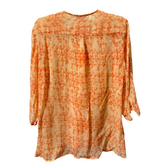 Cabi Womens Button-Down Silk Sheer Blouse Sz M Orange & Cream Geometric Print - Picture 11 of 12